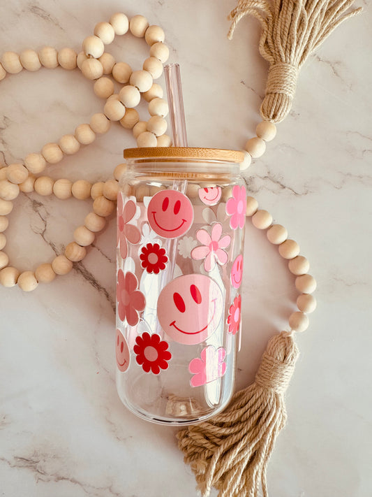 Pink Retro Smiley Face 16oz Glass Cup