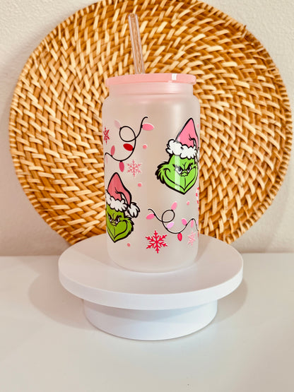 Grinch Christmas Lights 16oz Glass Cup