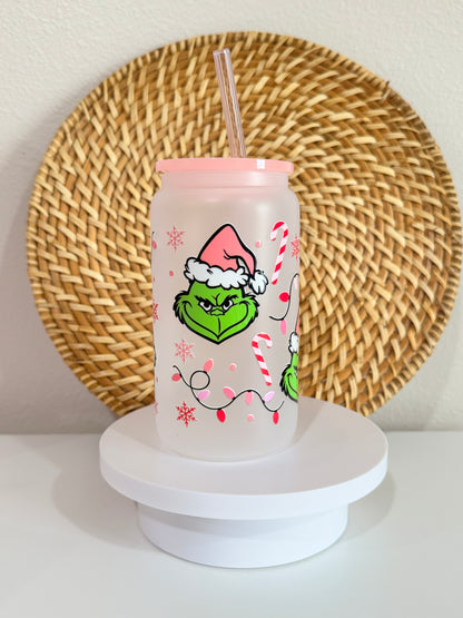 Grinch Christmas Lights 16oz Glass Cup