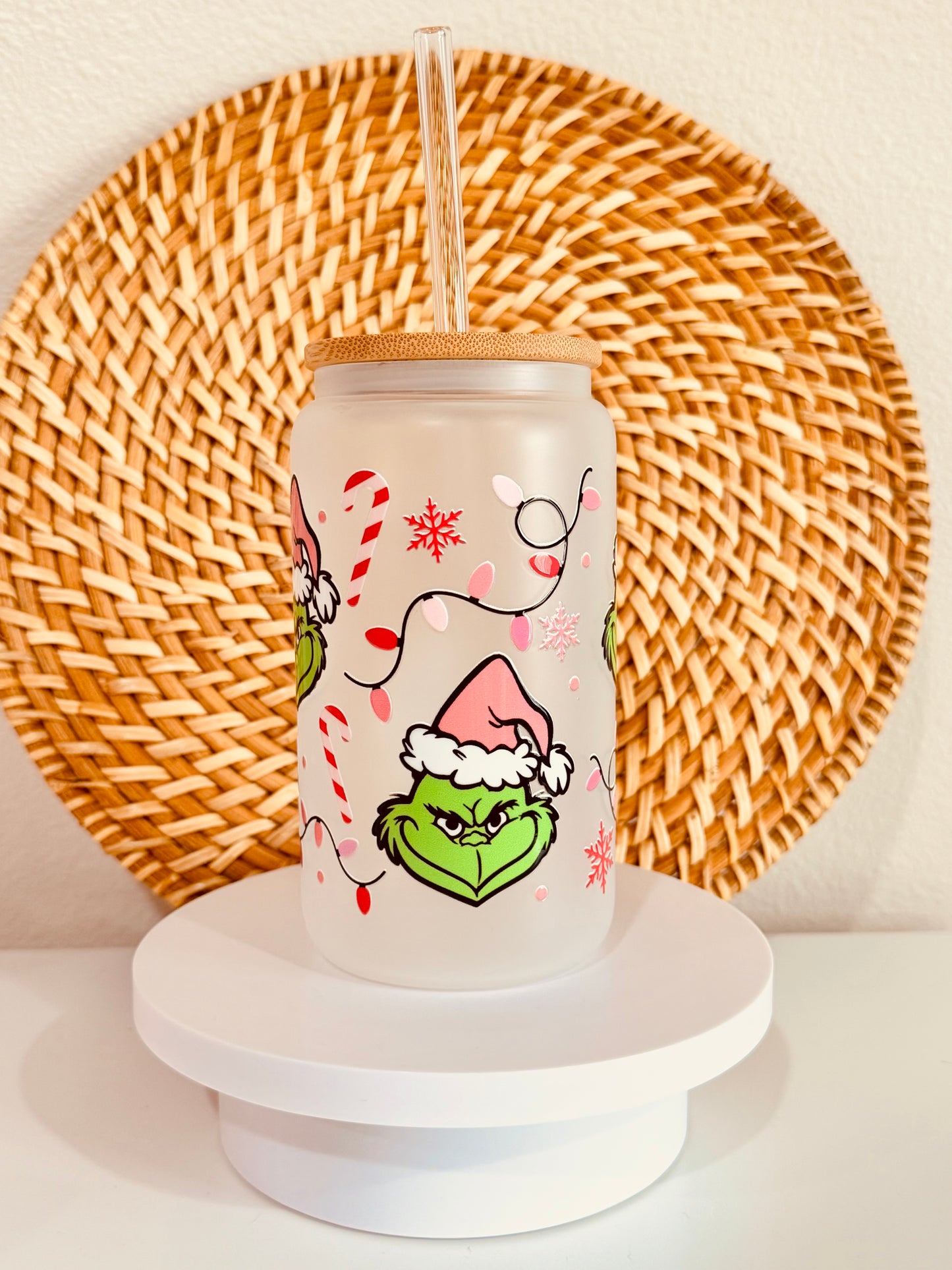 Grinch Christmas Lights 16oz Glass Cup