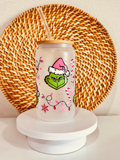 Grinch Christmas Lights 16oz Glass Cup