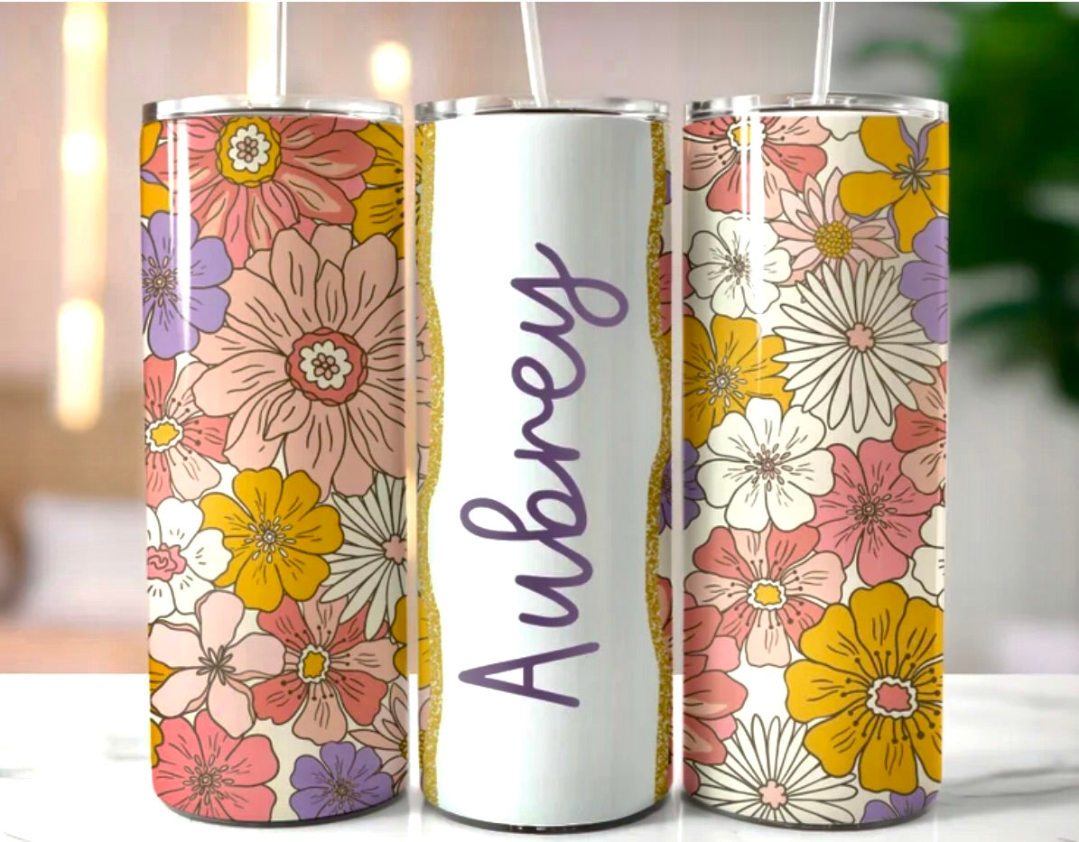 Boho Floral Purple Custom Add Your Name 20oz Skinny Tumbler