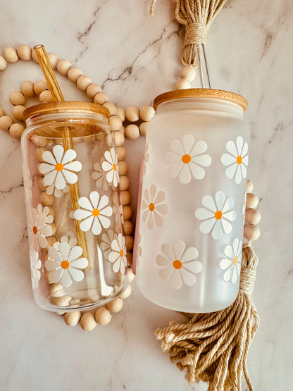 White Daisies 16oz Glass Can