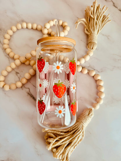 Strawberries & Daisies 16oz Glass Can